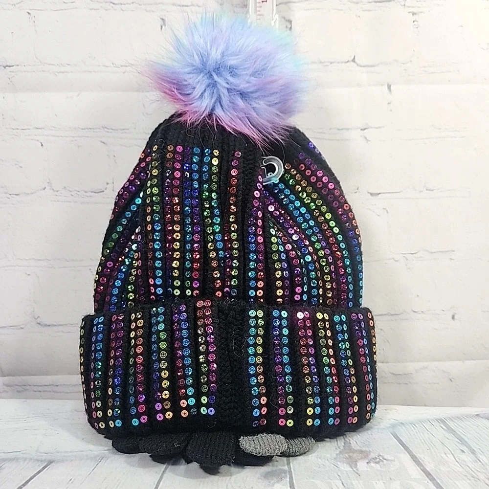 Justice Girls Rainbow Sequin Ribbed Beanie w/ faux fur & Gloves 2-Piece Set BLK